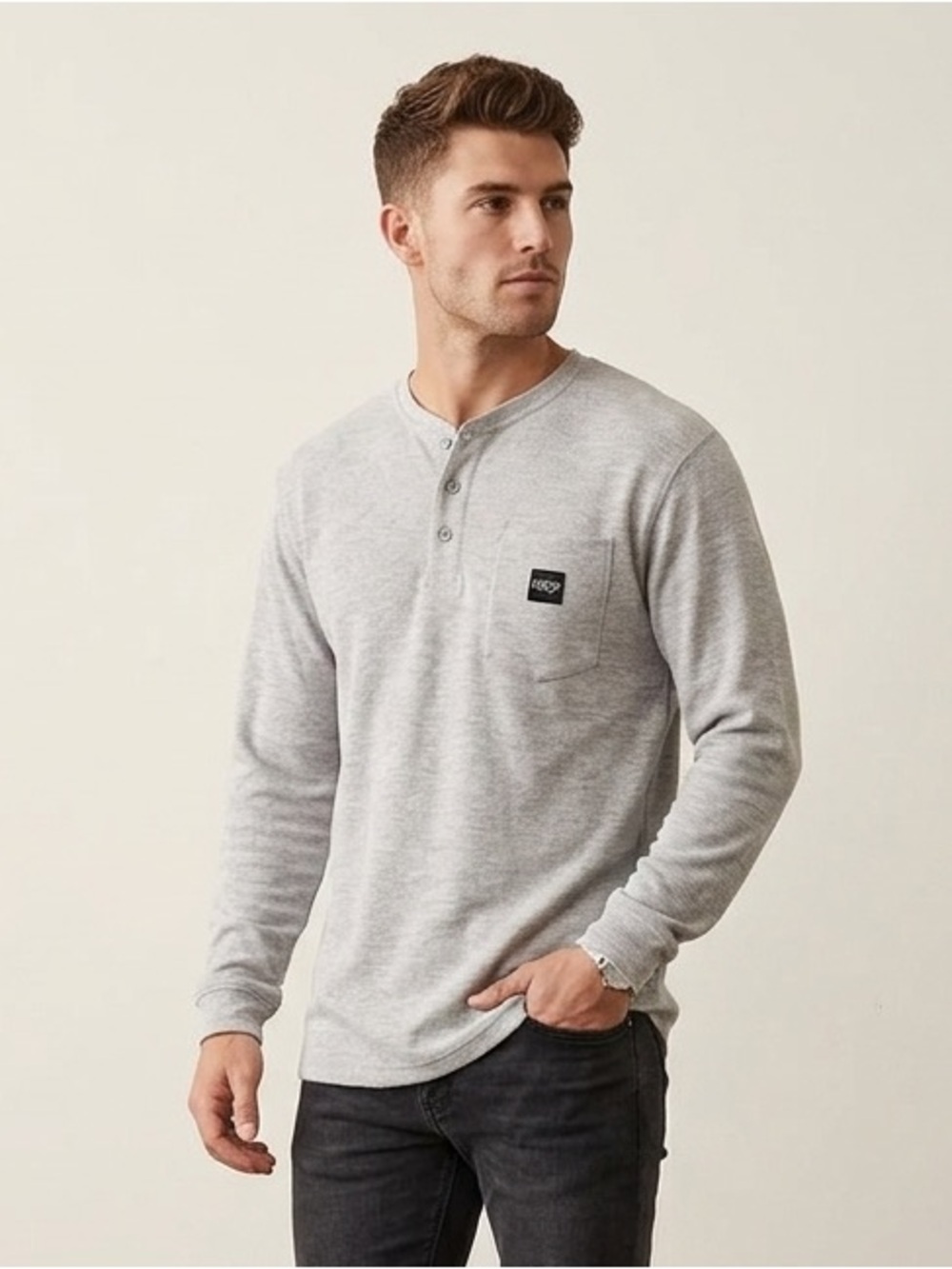 Rugged Wear Gray Henley Long Sleeve Tee, RW Logo Size Large Tall, pocket t-shirt